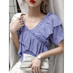 Textured Solid Ruffle Short Sleeve V-neck Women Blouse