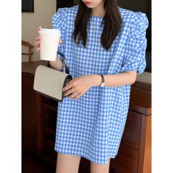 Check Print Puff Sleeve Loose Crew Neck Casual Dress