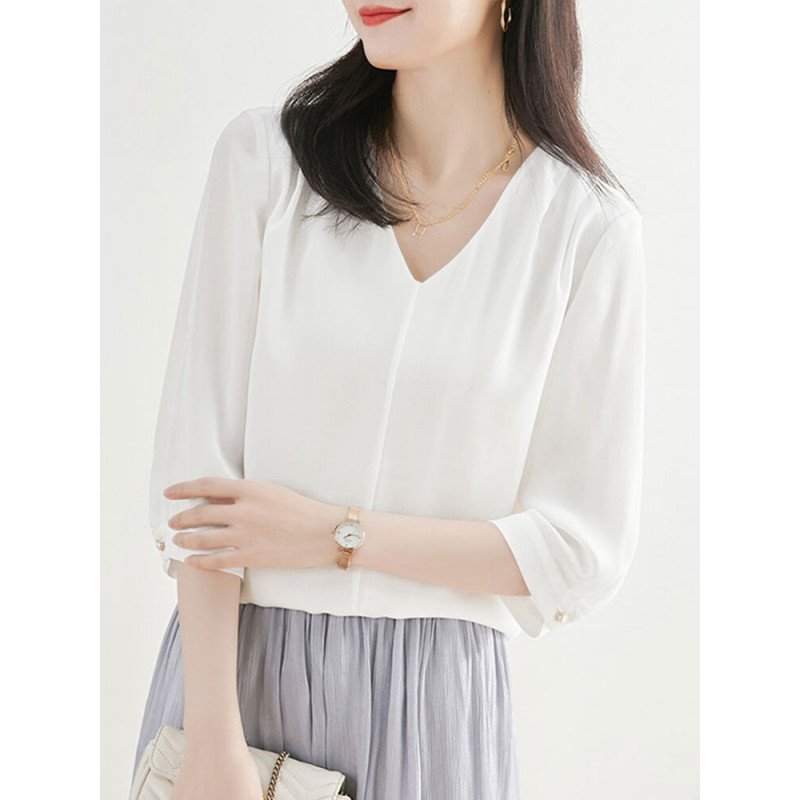 Solid V-neck 3/4 Sleeve Blouse For Women