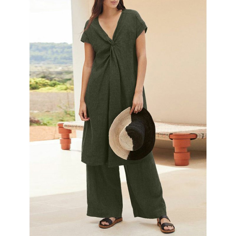 Solid Ruched Split Pocket Elastic Waist V Neck Suit