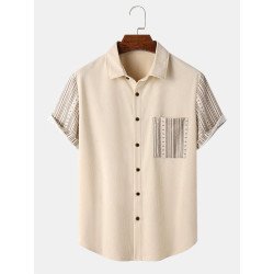 Mens Ethnic Pattern Chest Pocket Corduroy Short Sleeve Shirts