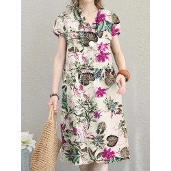 Allover Flower Print Pocket Short Sleeve Vintage Dress