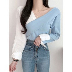Contrast Color Cross Wrap Long Sleeve Casual Blouse