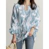 Marble Pattern Notch Neck Drawstring Waist Long Sleeve Blouse
