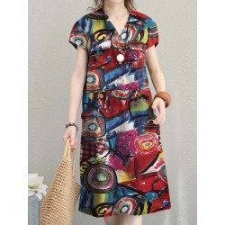 Abstract Pattern Drawstring Pocket Short Sleeve Vintage Dress