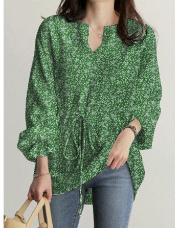 Allover Floral Print Drawstring Waist Notch Neck Blouse