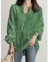 Allover Floral Print Drawstring Waist Notch Neck Blouse