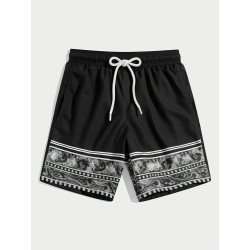 Mens Monochrome Ethnic Pattern Drawstring Waist Shorts With Pocket