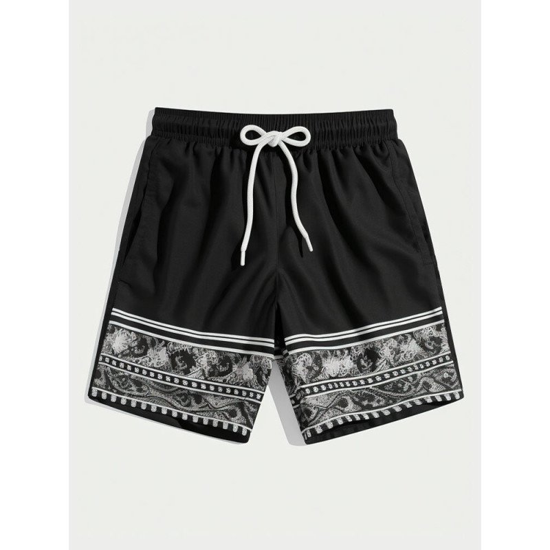 Mens Monochrome Ethnic Pattern Drawstring Waist Shorts With Pocket