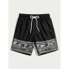 Mens Monochrome Ethnic Pattern Drawstring Waist Shorts With Pocket