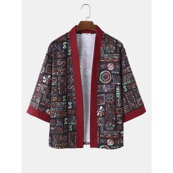 Mens Ethnic Tribal Geometric Print Contrast Trim Loose Kimono