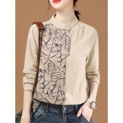 Women Abstract Print Patchwork Stand Collar Cotton Shirt