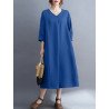 Solid 3/4 Sleeve Pocket A-line V-neck Casual Dress