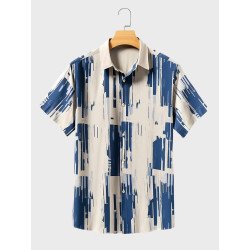 Mens Brush Print Lapel Button Up Short Sleeve Shirts