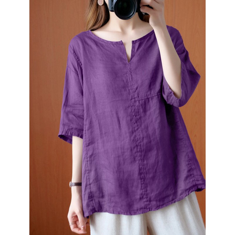 Solid V Neck Half Sleeve Casual Cotton Blouse