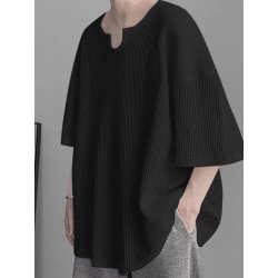 Mens Waffle Knit Notched Neck Drop Shoulder Loose T-Shirt