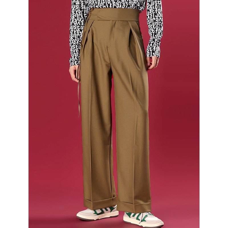 Mens Solid Pleated Tie High Waist Loose Casual Pants