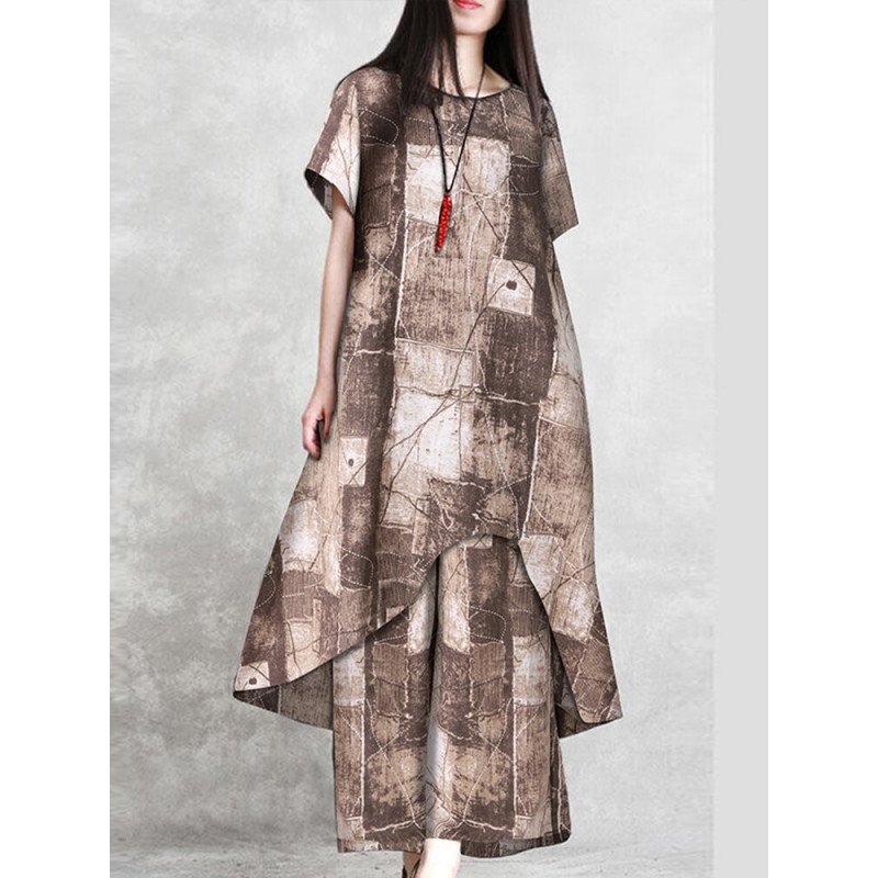 Geo Print Asymmetrical Loose Wide Leg Two Pieces Suit