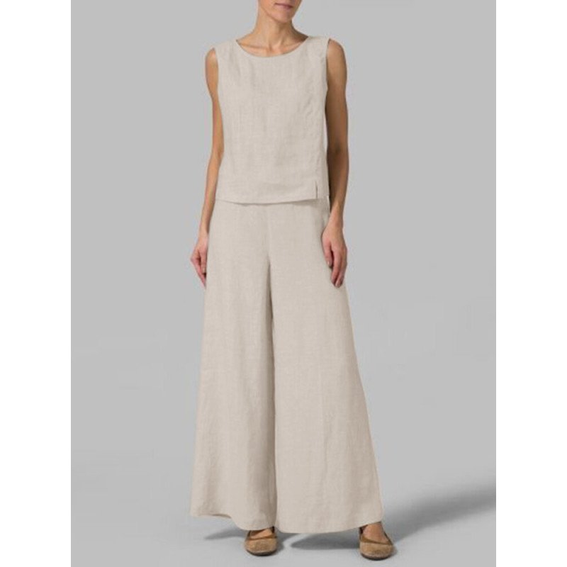 Solid Elastic Waist Sleeveless Split Round Neck Casual Cotton Suit