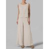 Solid Elastic Waist Sleeveless Split Round Neck Casual Cotton Suit
