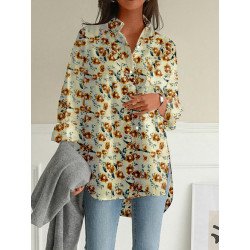 Women Floral Print Lapel Button Front High-Low Hem Shirt