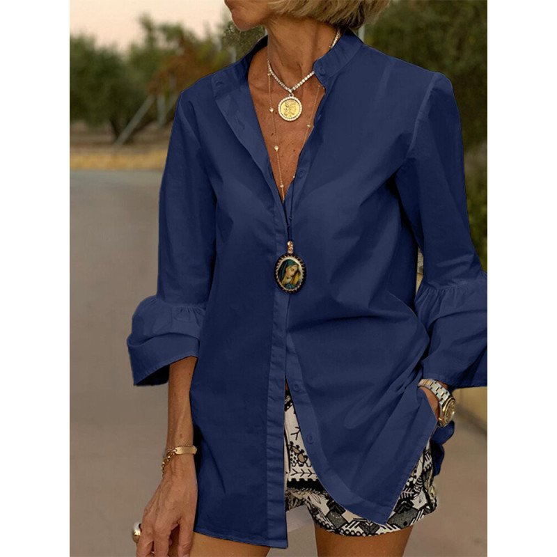 Solid Stand Collar Casual 3/4 Sleeve Shirt For Women