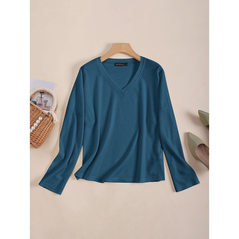 Solid Long Sleeve V-neck Casual T-shirt For Women