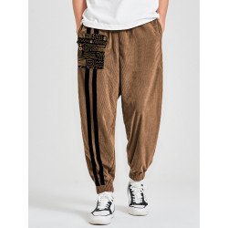 Mens Striped Patchwork Pocket Beam Feet Pants
