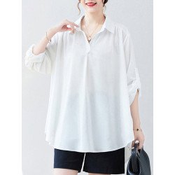 Solid High-low Lapel Long Sleeve Casual Blouse