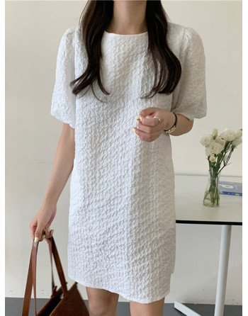 Puff Sleeve Solid Color Crew Neck Casual Dress