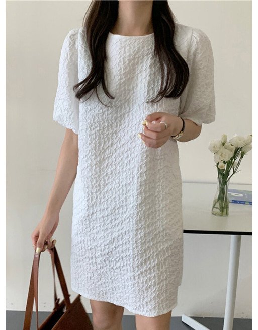 Puff Sleeve Solid Color Crew Neck Casual Dress