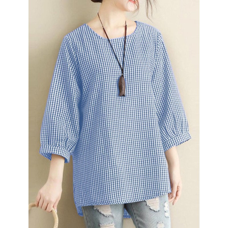 Allover Plaid Print Slit Hem Crew Neck Blouse