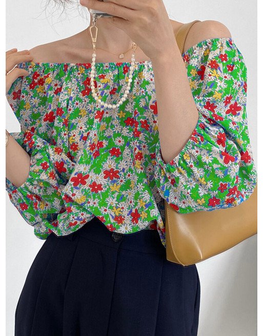 Floral Print Off Shoulder 3/4 Sleeve Blouse For Women