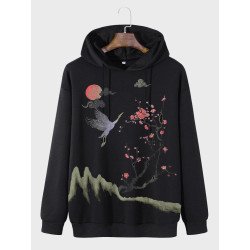 Mens Chinese Crane Landscape Print Long Sleeve Drawstring Hoodies