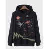 Mens Chinese Crane Landscape Print Long Sleeve Drawstring Hoodies