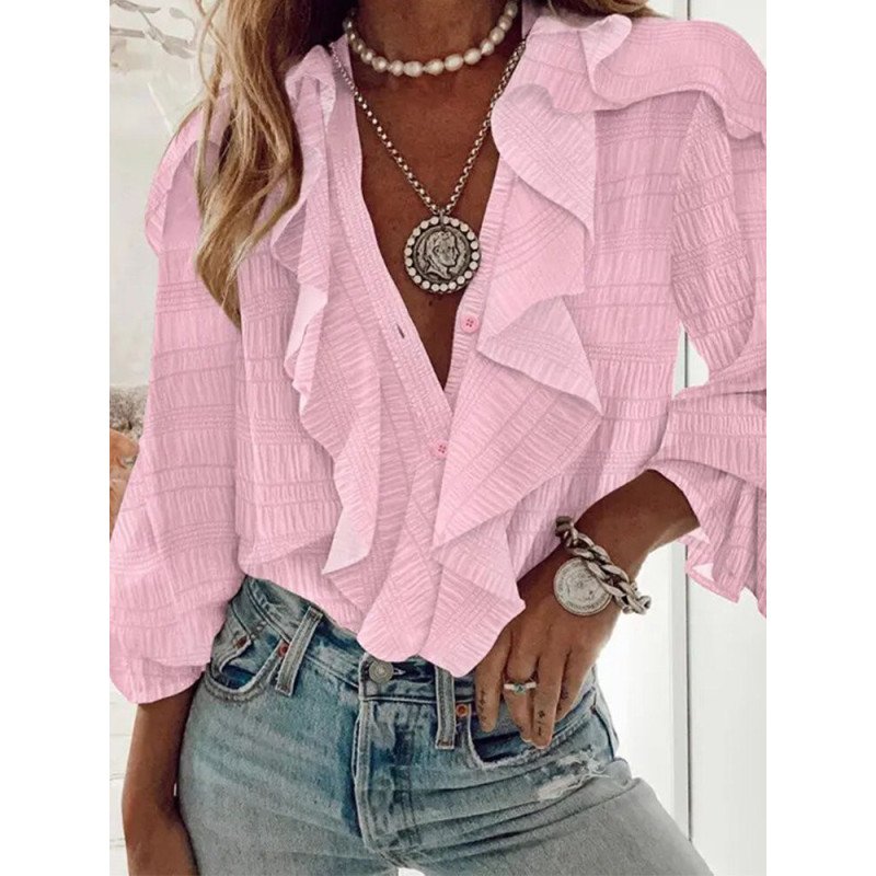 Women Ruffle Trim Button Design Plain 3/4 Sleeve Blouse