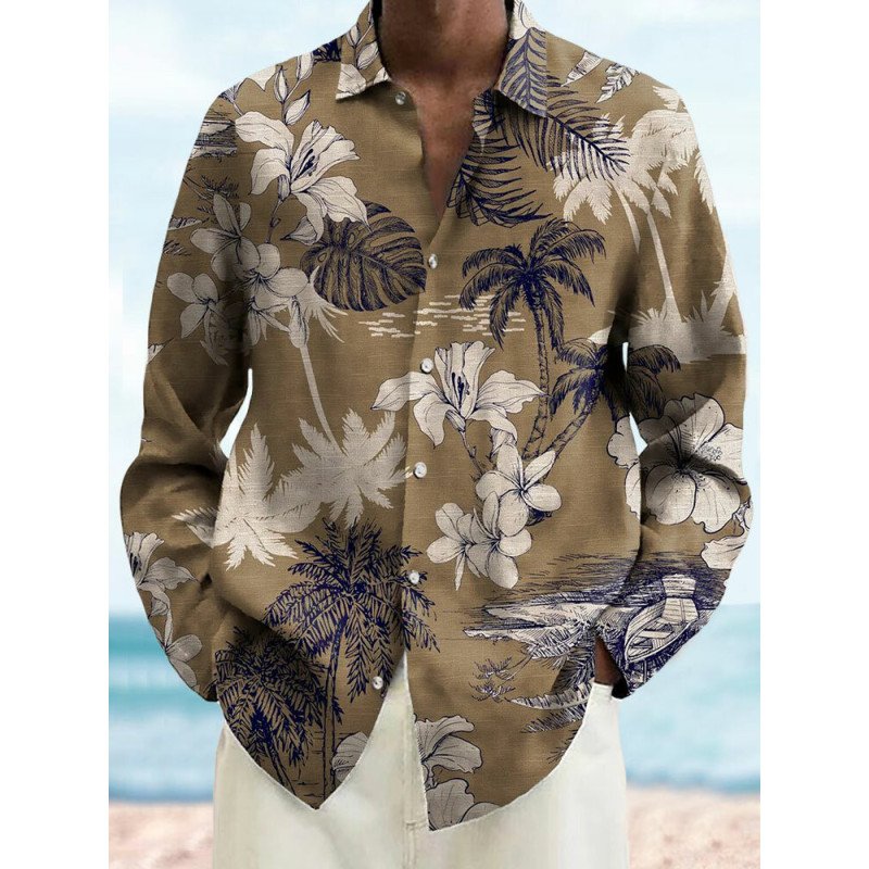 Mens Tropical Coconut Tree Floral Print Lapel Long Sleeve Shirts