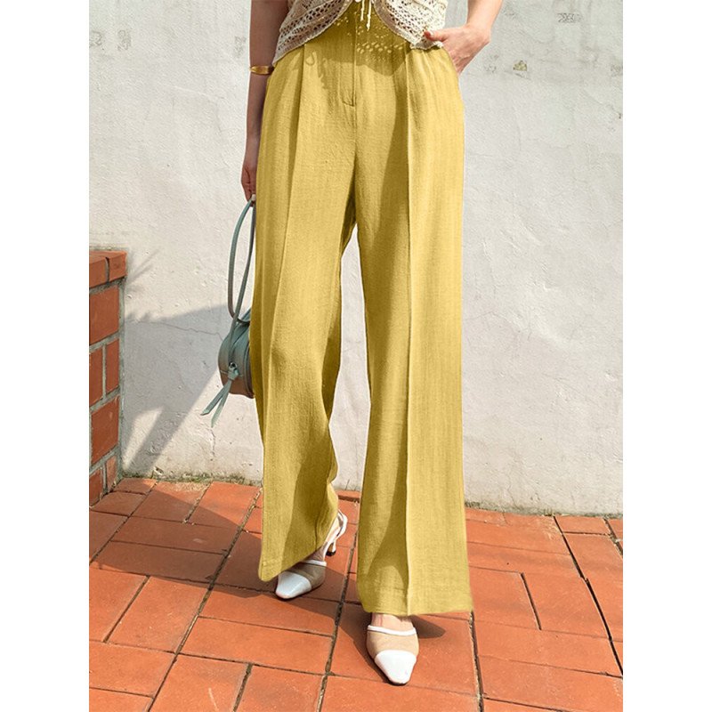 Solid Pocket Elastic Waist Straight Leg Casual Pants