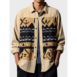 Mens Ethnic Tribal Geometric Print Lapel Long Sleeve Shirts
