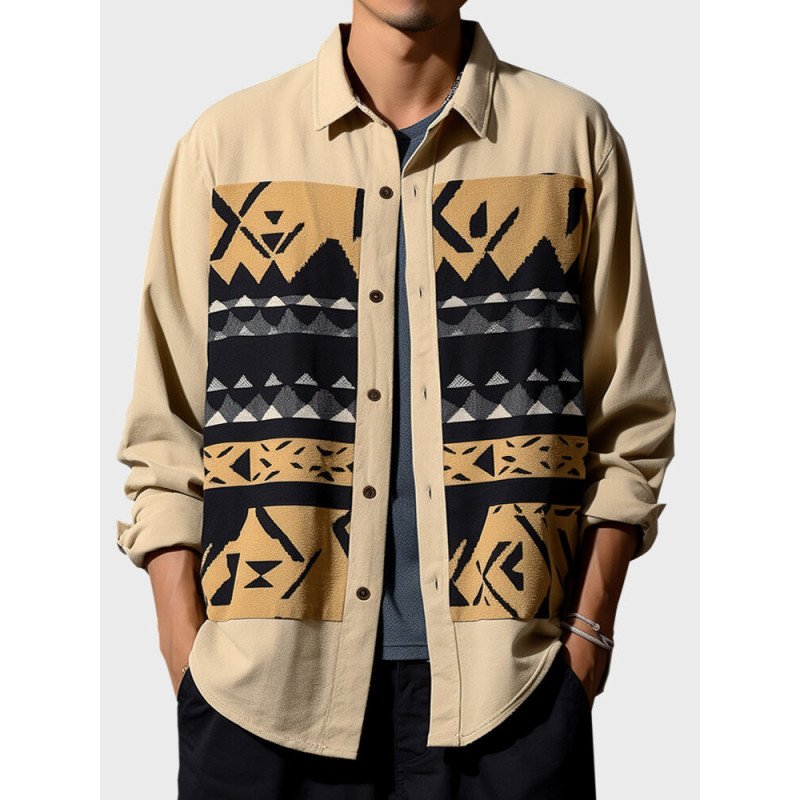 Mens Ethnic Tribal Geometric Print Lapel Long Sleeve Shirts