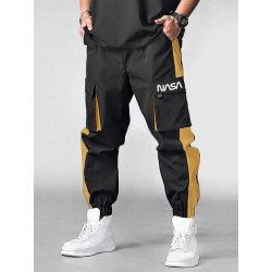 Mens Letter Print Side Stripe Patchwork Loose Cargo Pants