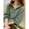 Solid 3/4 Sleeve Pocket Lapel Blouse For Women