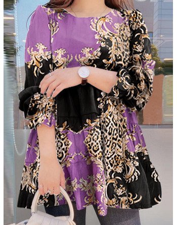Contrast Leopard Pattern Long Sleeve Casual Blouse
