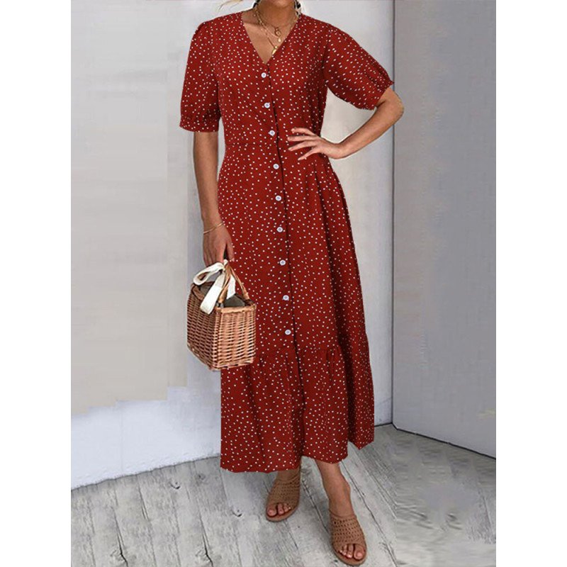 Vintage V-neck Summer Holiday Polka Dot Maxi Dress