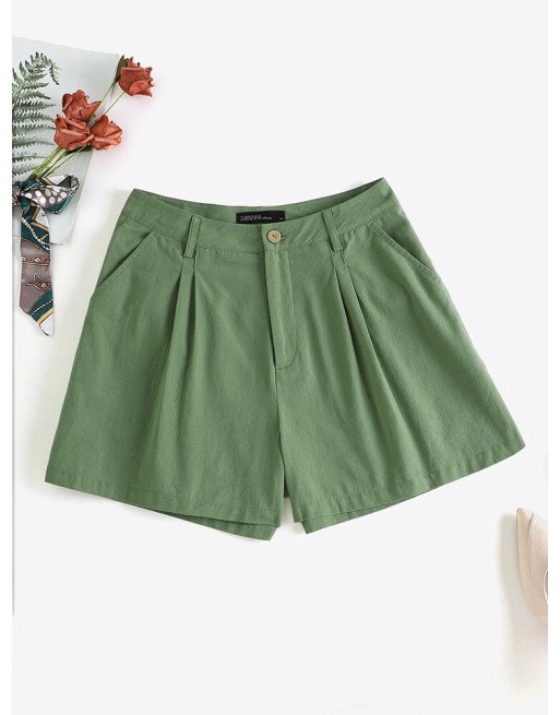 Solid Pocket Casual Wide Leg Shorts For Women