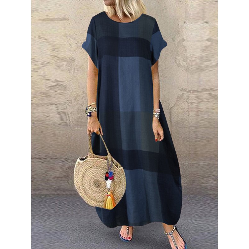 Check Print Short Sleeve Pocket Crew Neck Dress