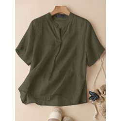 Solid Short Sleeve Stand Collar Casual Blouse For Women