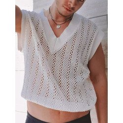 Mens Knit Hollow V-Neck Loose Sleeveless Tank