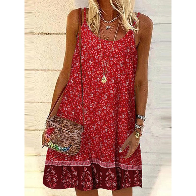 Women Ditsy Floral Print Ruffle Hem Bohemian Spaghetti Strap Dress
