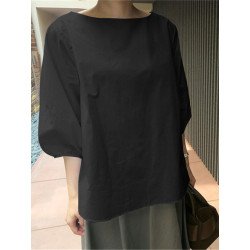 Solid Color Loose Crew Neck Half Sleeve Casual Blouse